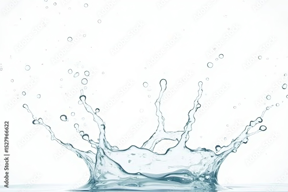 Transparent water splash and falling dynamic drops on white surface. Refreshing liquid wave on abstract background. Clean aqua fluid concept. Transparent water splash and falling dynamic drops on white surface. Refreshing liquid wave on abstract background. Clean aqua fluid concept.