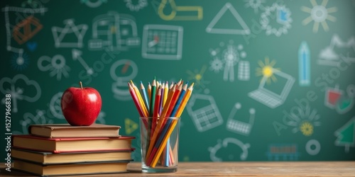 Stack of textbooks with a red apple and colorful pencils on a desk in front of a green chalkboard. Back to school concept