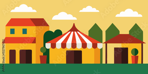 Lively Village Market Animation Cartoon Video Background Vector Scene