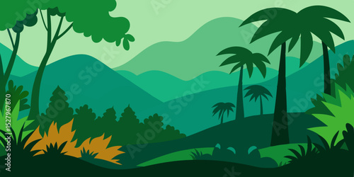 Lush green dense wild jungle foliage cartoon video background scene vector illustration