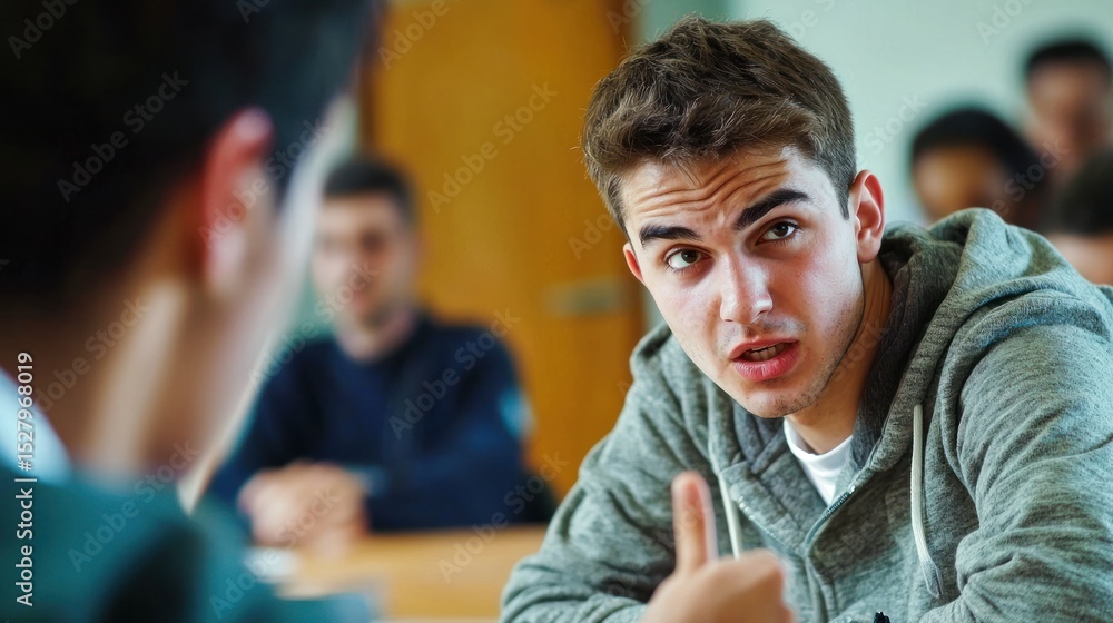 Fototapeta premium A teenager responding sarcastically to a teacher in class, representing the audacity of impertinence in youth
