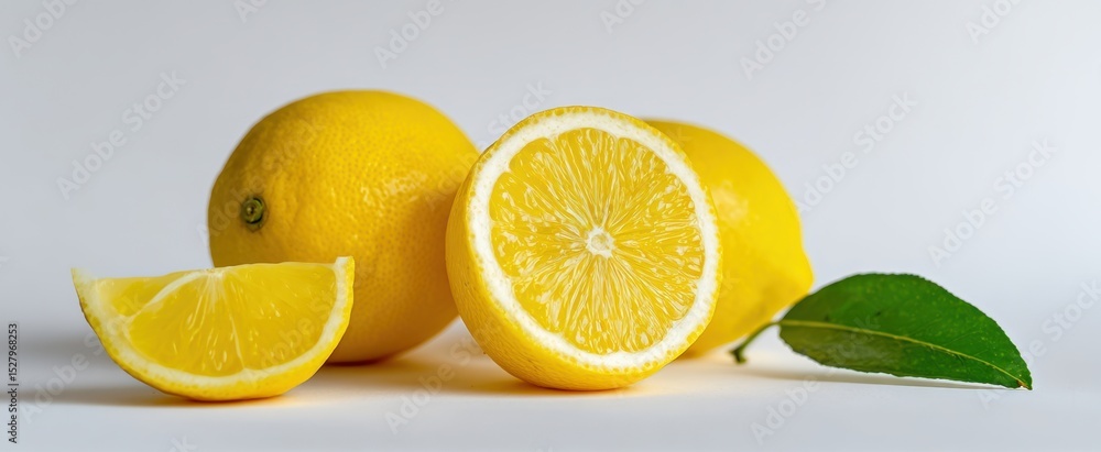 Fototapeta premium The vibrant lemons displaying freshness with sliced detail and green leaf.