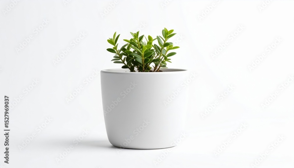 Fototapeta premium Small Green Plant In White Pot Against White Background