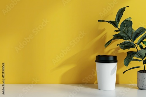 Mockup Premium Minuman Dengan Gelas Hitam Dan Gagang Kuning Di Dinding Abuabu Putih Proyeksi