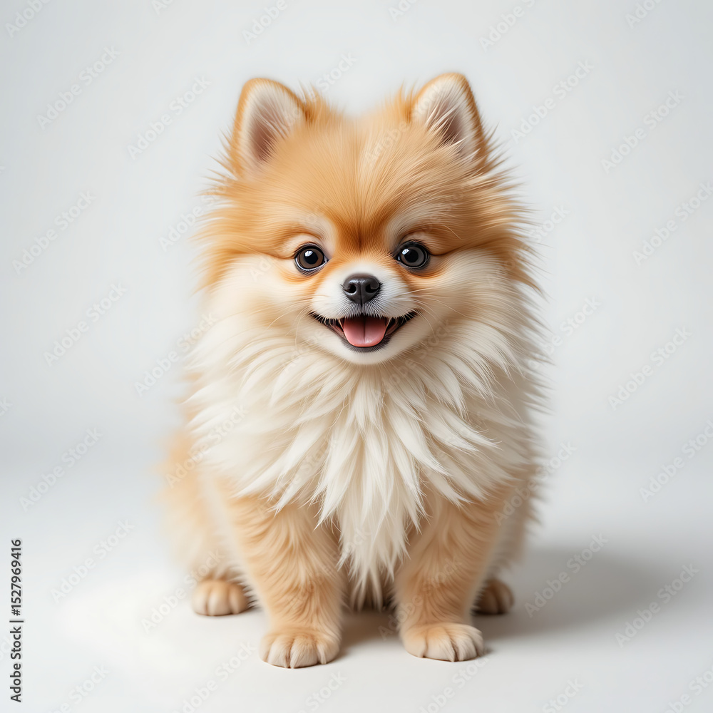 Fototapeta premium A fluffy pomeranian puppy sitting upright with a happy expression on a plain white background