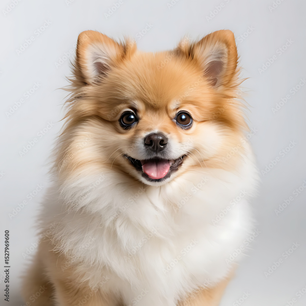 Obraz premium A close up portrait of a fluffy pomeranian dog with its tongue out against a plain background