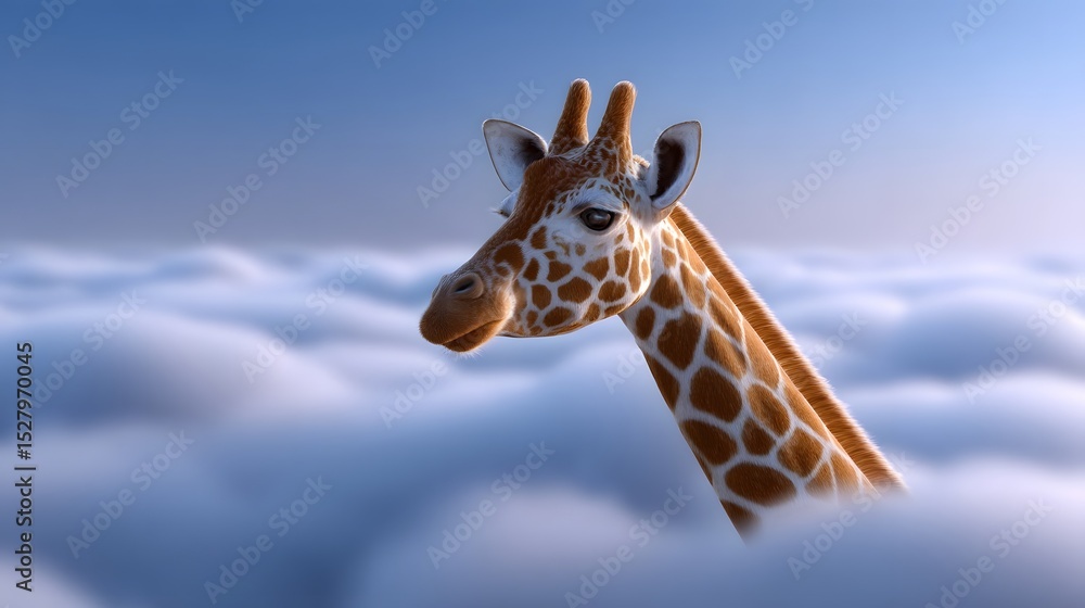 Obraz premium Giraffe reaching through cloud layers in a surreal scene