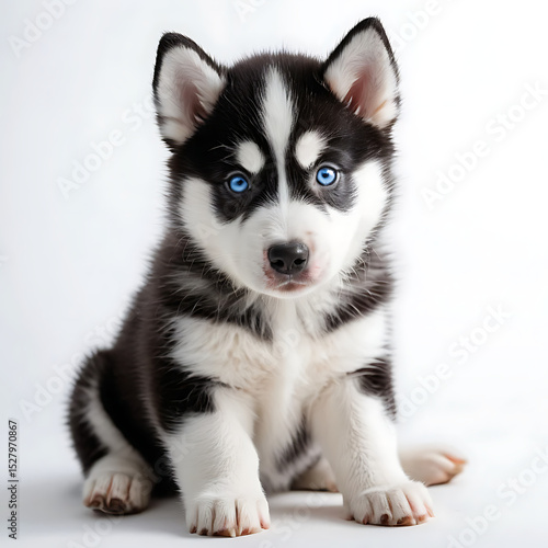 A captivating portrait of a husky puppy with striking blue eyes sitting on a white background looking forward