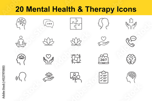 Mental Health & Therapy Icons | Wellness, Counseling, Brain, Meditation, Support, Empathy, 24/7 Assistance, Checklist – Editable Vector Set