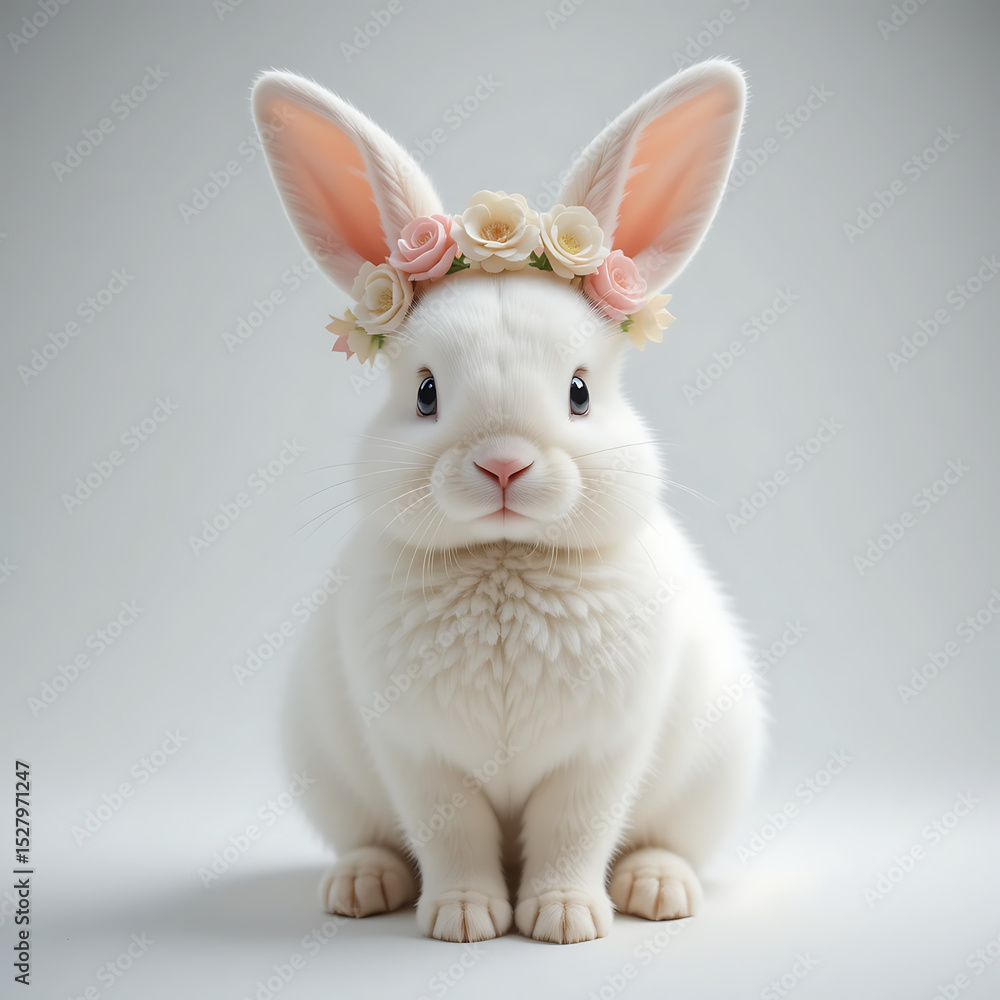 Obraz premium A white rabbit with a flower crown sitting on a white background looking at the camera directly front on