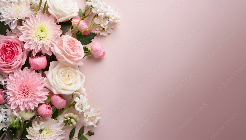 pink and white flowers on pink background with copy space pink and white flowers on pink background with copy space