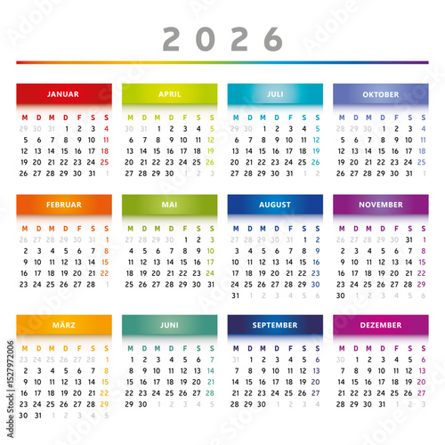 Calendrier 2026 en Allemand - Couleurs Arc-en-Ciel Format 4 Trimestres