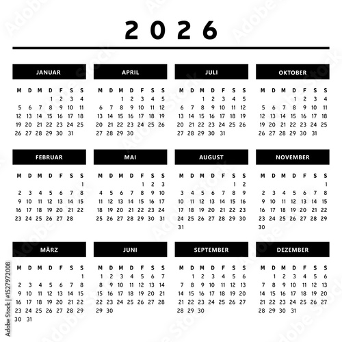Calendrier 2026 en Allemand - Couleurs Noir et Blanc Format 4 Trimestres