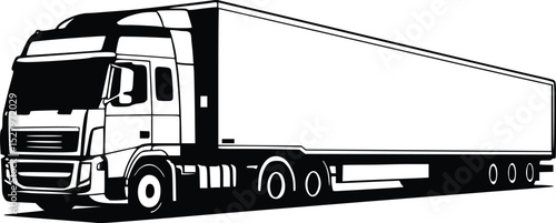 Silhouette of a large semi-truck in profile view with detailed cab, wheels, and long cargo trailer
