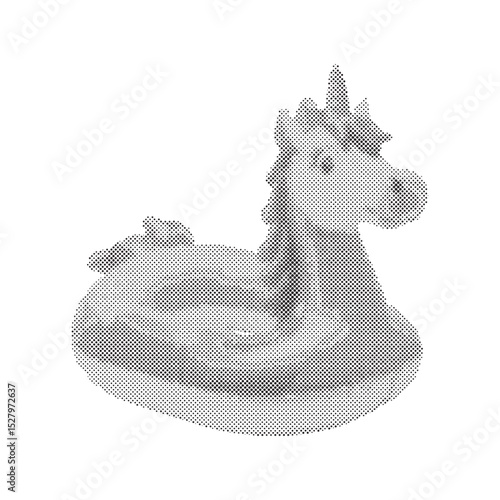 Inflatable unicorn pool float in retro halftone grunge style on isolated white background in vector	