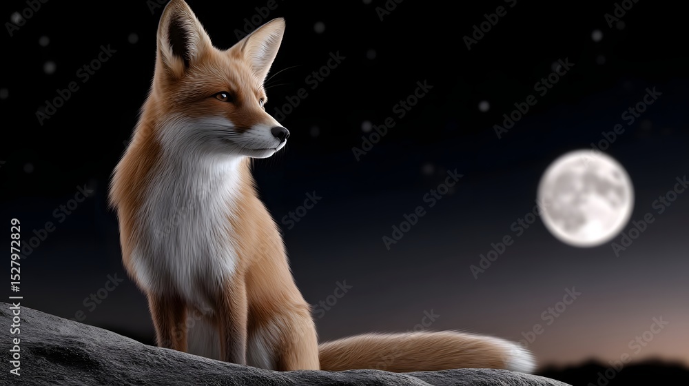 Obraz premium Peaceful fox sitting under the moonlit night sky
