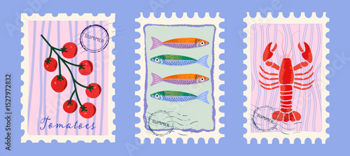 Modern abstract summer poster in sketch doodle style with hand drawn. Trendy design for cards, wall art, ads, print, decor, branding. Amalfi, Italian sea coast hand drawn icons. Summer sea vacation.