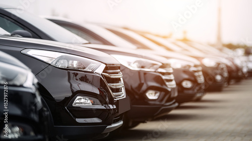 Shiny new cars lined up in a dealership, showcasing modern automotive elegance and sleek design.
