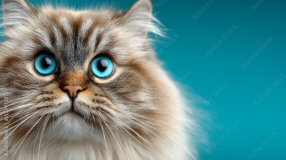 Close up portrait of a ragdoll cat with piercing blue eyes on a teal background pet photography Close up portrait of a ragdoll cat with piercing blue eyes on a teal background pet photography