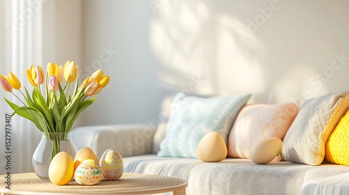 Sunny living room tulips decorative pillows Easter eggs home accent pastel tones warm cozy picture