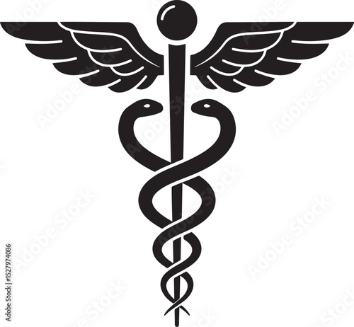 Classic Caduceus medical symbol with wings and two entwined snakes for healthcare silhouette vector