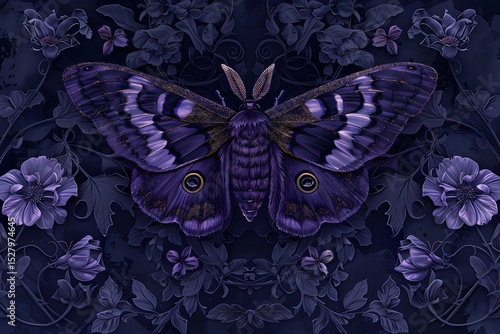 Majestic Purple Moth: Botanical Illustration, Dark Fantasy Art, Nature Wallpaper
