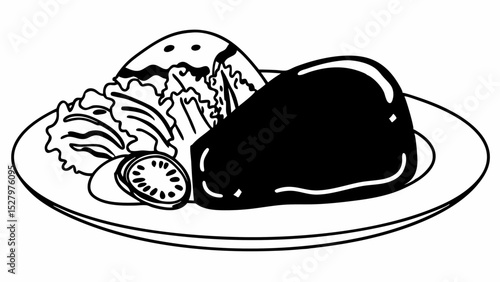 Black and White Delicious glazed pork knuckle served with fresh salad and side dish, Vintage style