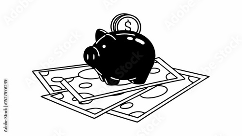 Black and White Piggy bank sits on banknotes, symbolizing savings and financial growth, Vintage style