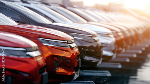 Shiny new cars lined up in a dealership, showcasing modern automotive elegance and sleek design.
