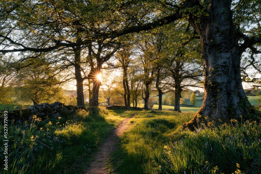 Naklejka premium Sunlit path lined with trees grass wildflowers