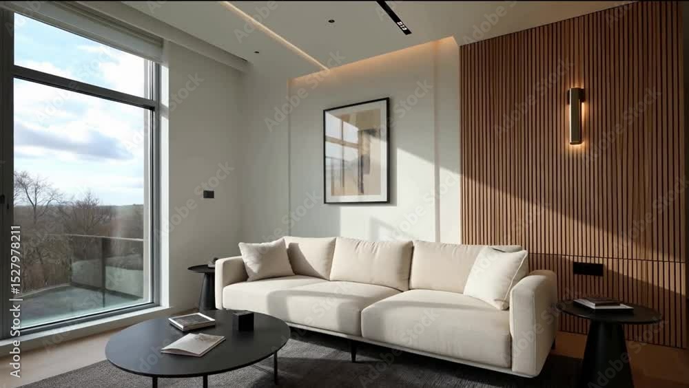 Calm Interior with Beige Sofa and Wooden Decor Calm Interior with Beige Sofa and Wooden Decor