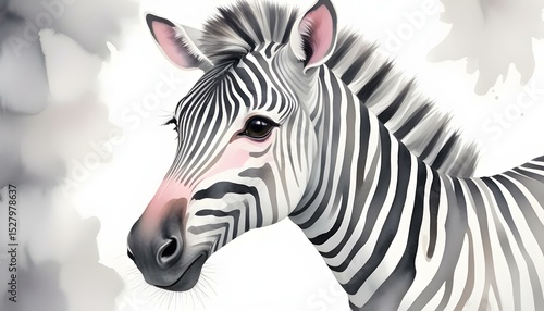 Watercolor painting of a zebra, featuring black and white stripes and pink highlights against a white backdrop.