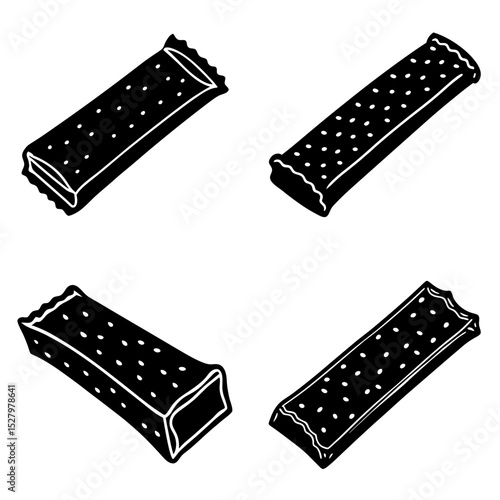 Four black and white rectangular snack bars with white dots arranged in a pattern on a white background