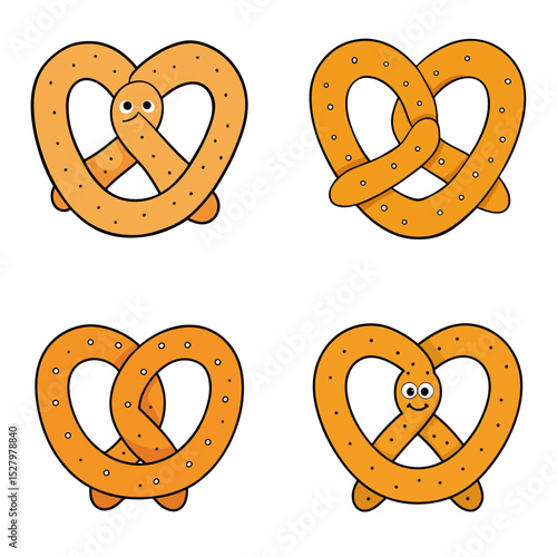 Four cartoon pretzels with eyes and without eyes arranged in a square on a white background image