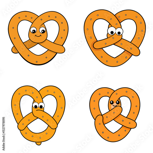 Four cartoon pretzels with different facial expressions on a white isolated background displayed nicely