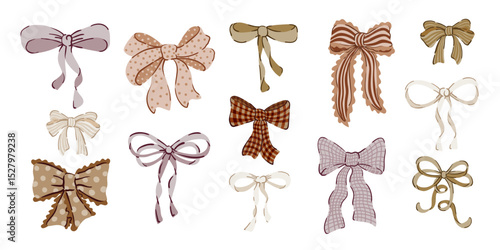 Chocolate brown beige gold coquette Bow knots gift bows collection. bow set. Wedding, party, gift