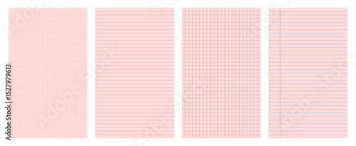 Pink notepad blank templates collection. Lined design note, grid, dotted pages, legal pad.