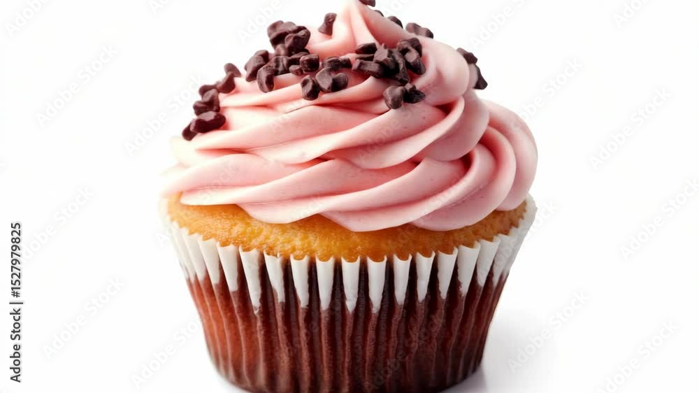 Tasty cupcake topped with pink frosting and chocolate chips, realistic style, isolated on white background, concept of dessert and sweetness Tasty cupcake topped with pink frosting and chocolate chips, realistic style, isolated on white background, concept of dessert and sweetness