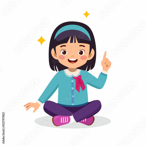Curious Girl's Insightful Moment: Captivating illustration of a young girl, perched in a cross-legged pose, points upward with a gesture of realization or revelation.
