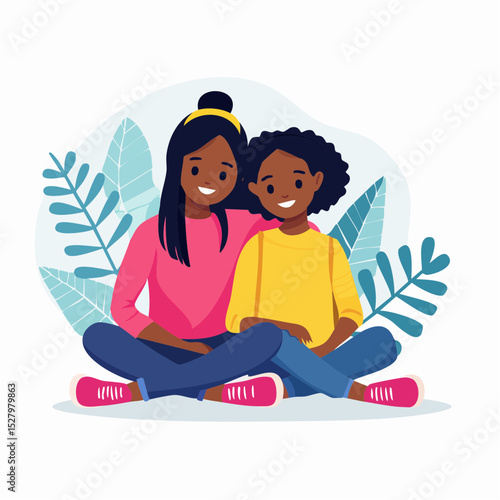 Mother and Child: A tender illustration portrays the heartwarming bond of a mother and child, seated comfortably amid lush foliage, symbolizing love and unity.