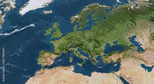 Satellite view of Europe displaying landmasses, water bodies, and geographic features