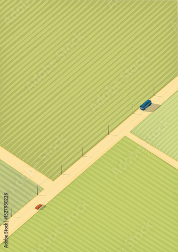 Aerial veiw of a coutry road passing  the soft green fields, isometric graphic design background