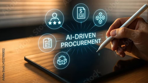 Hand holding digital pen above glossy black tablet screen with procurement management icons, interacting with supply chain data, procurement management, supply chain, procure protect