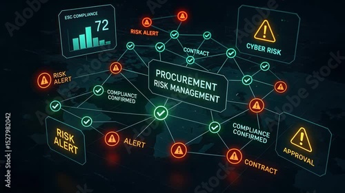 Digital visualization of procurement risk management stages showing supplier data, monitoring supply chain risks, procurement management, supply chain, procure protect