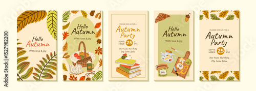 Autumn design backgrounds for social media banner with sweater, umbrella, boots, basket, kettle. Set of instagram stories frame templates.Mockup for personal blog or shop Layout for promotion.