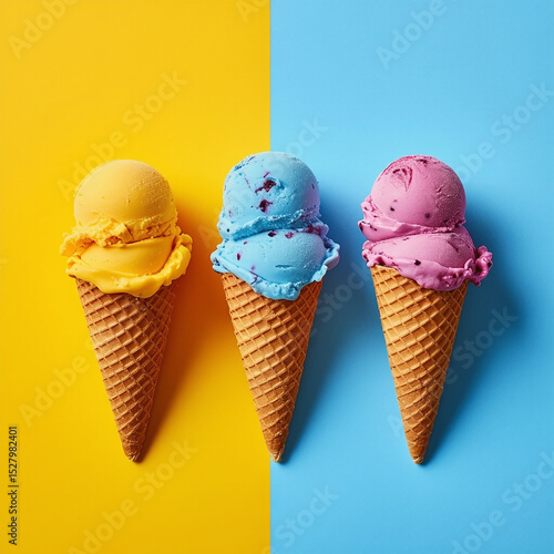 Gelato artigianale colorato servito in cono croccante.