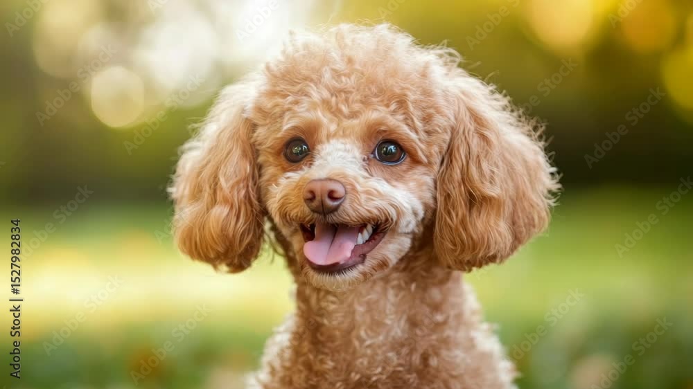 Cute brown poodle dog with curly coat looking cheerful, natural photographic style, outdoors with blurred sunny background, concept of joy and pets Cute brown poodle dog with curly coat looking cheerful, natural photographic style, outdoors with blurred sunny background, concept of joy and pets