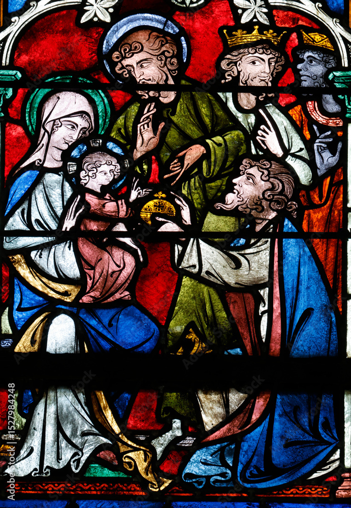 Auxerre cathedral. Stained glass. Nativity of Jesus or birth of Christ. Adoration of the Child Jesus by the three wise men or Magi. Auxerre. France. Auxerre cathedral. Stained glass. Nativity of Jesus or birth of Christ. Adoration of the Child Jesus by the three wise men or Magi. Auxerre. France.