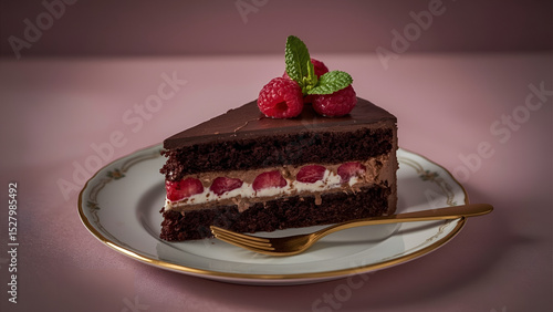 Slice of Chocolate Raspberry Layer Cake with Cream and Fresh Mint on Elegant Plate