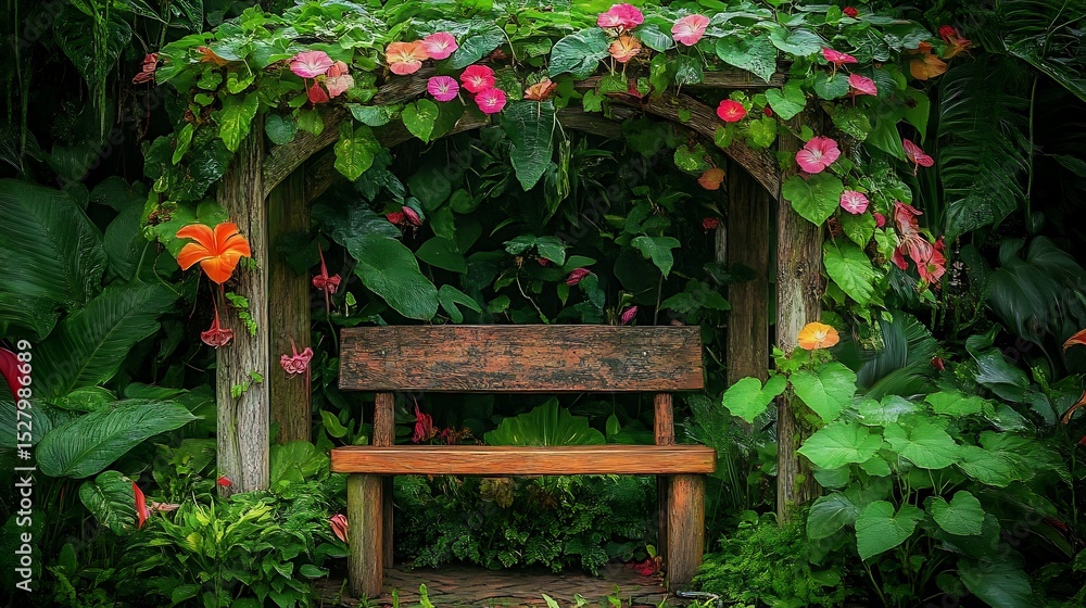 Fototapeta premium Serene wooden bench nestled under a floral archway in a lush garden setting